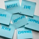 handwrting letters on blue sticky notes